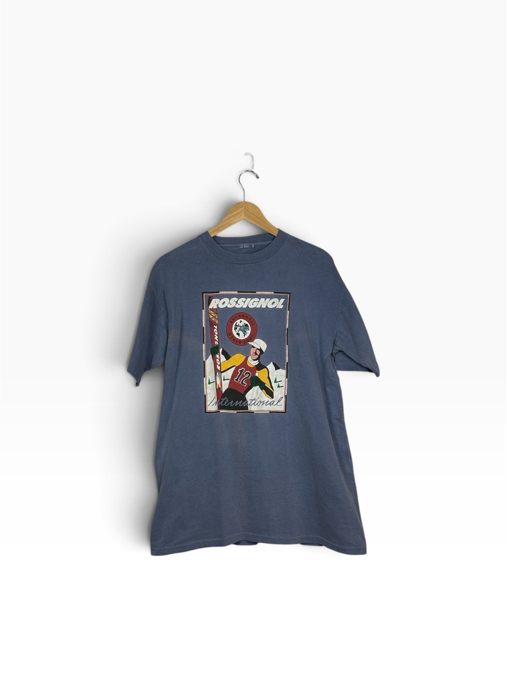 Faded Rossignol Vintage Graphic Ski T-Shirt Size Large Blue